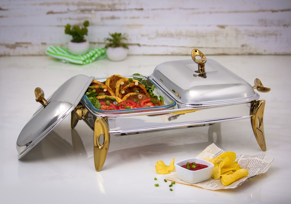 Dubellt serveringsfat i rostfritt stål med elegant design för festdukning – MAT Steel