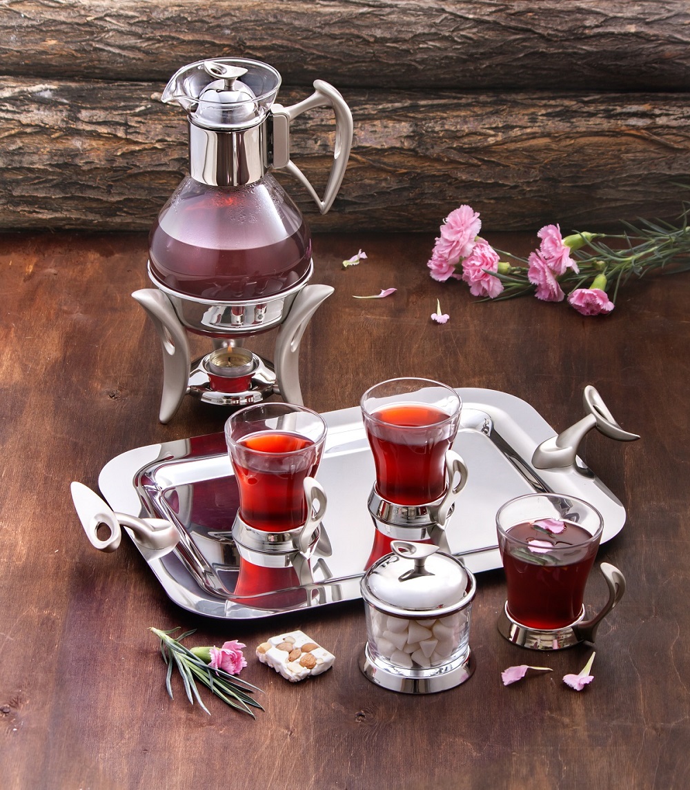 Gögg-/ och tekannaservis i rostfritt stål med glas, bricka och sockerskål – elegant servering – MAT Steel